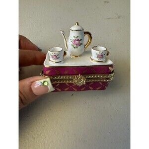 New Siu Ming Pink Tea Cup Porcelain Jewelry Keepsake Hinged Trinket Box